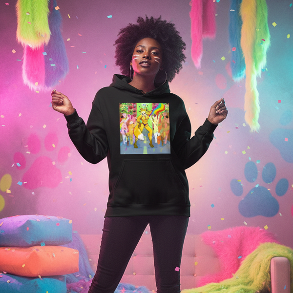 Black hoodie with a colorful dancing furry-animal graphic, worn by a person