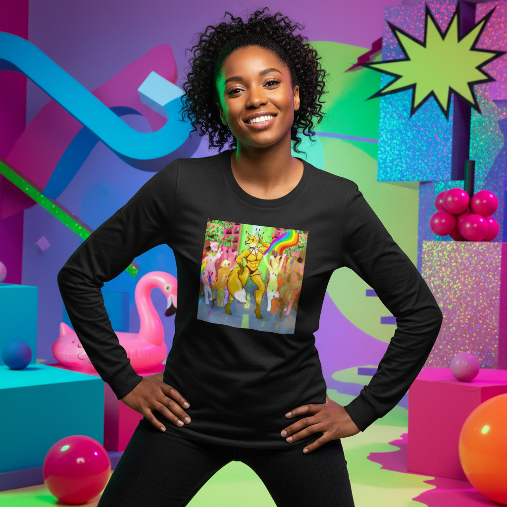Model wearing a black long-sleeve shirt with a colorful dancing kangaroo and rainbow graphic