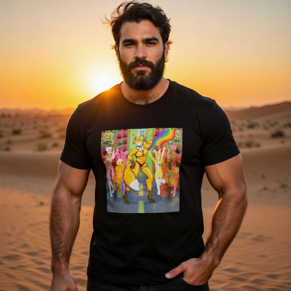 Bearded person models a black T-shirt with a colorful anthropomorphic fox and rainbow print at sunset