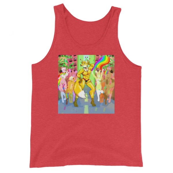 Red tank top with a colorful square graphic of a dancing anthropomorphic fox at a pride celebration