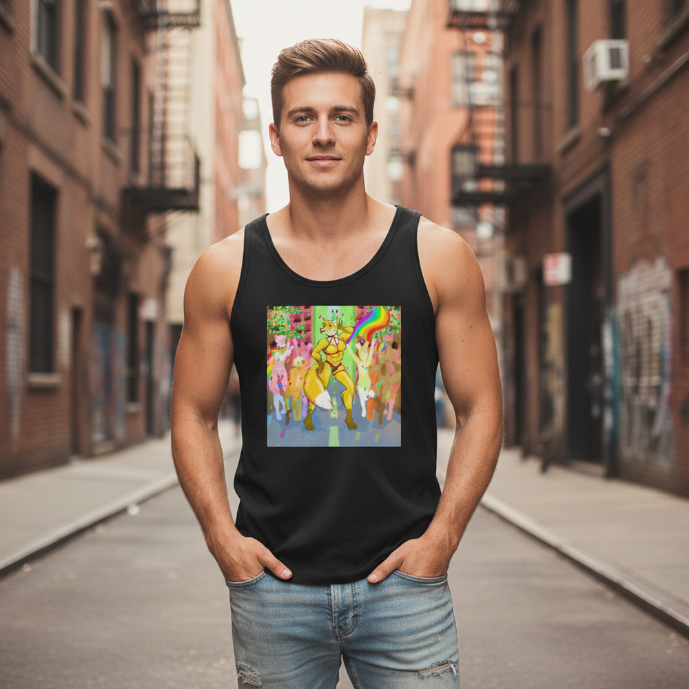 Gay Furry Pride Unisex Tank Top with a vibrant graphic, rocked by a person in an urban alley with graffiti and brick walls