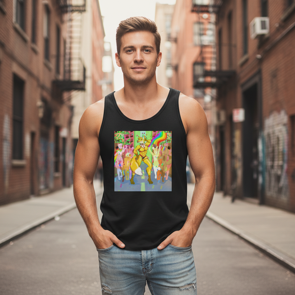 Gay Furry Pride Unisex Tank Top with a vibrant graphic, rocked by a person in an urban alley with graffiti and brick walls