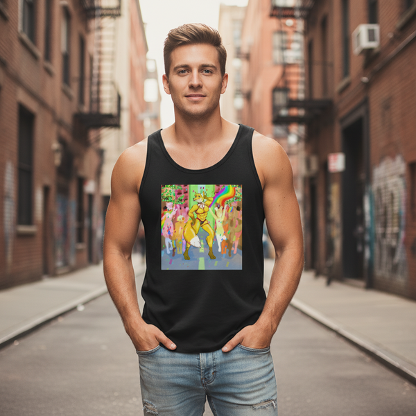 Gay Furry Pride Unisex Tank Top with a vibrant graphic, rocked by a person in an urban alley with graffiti and brick walls