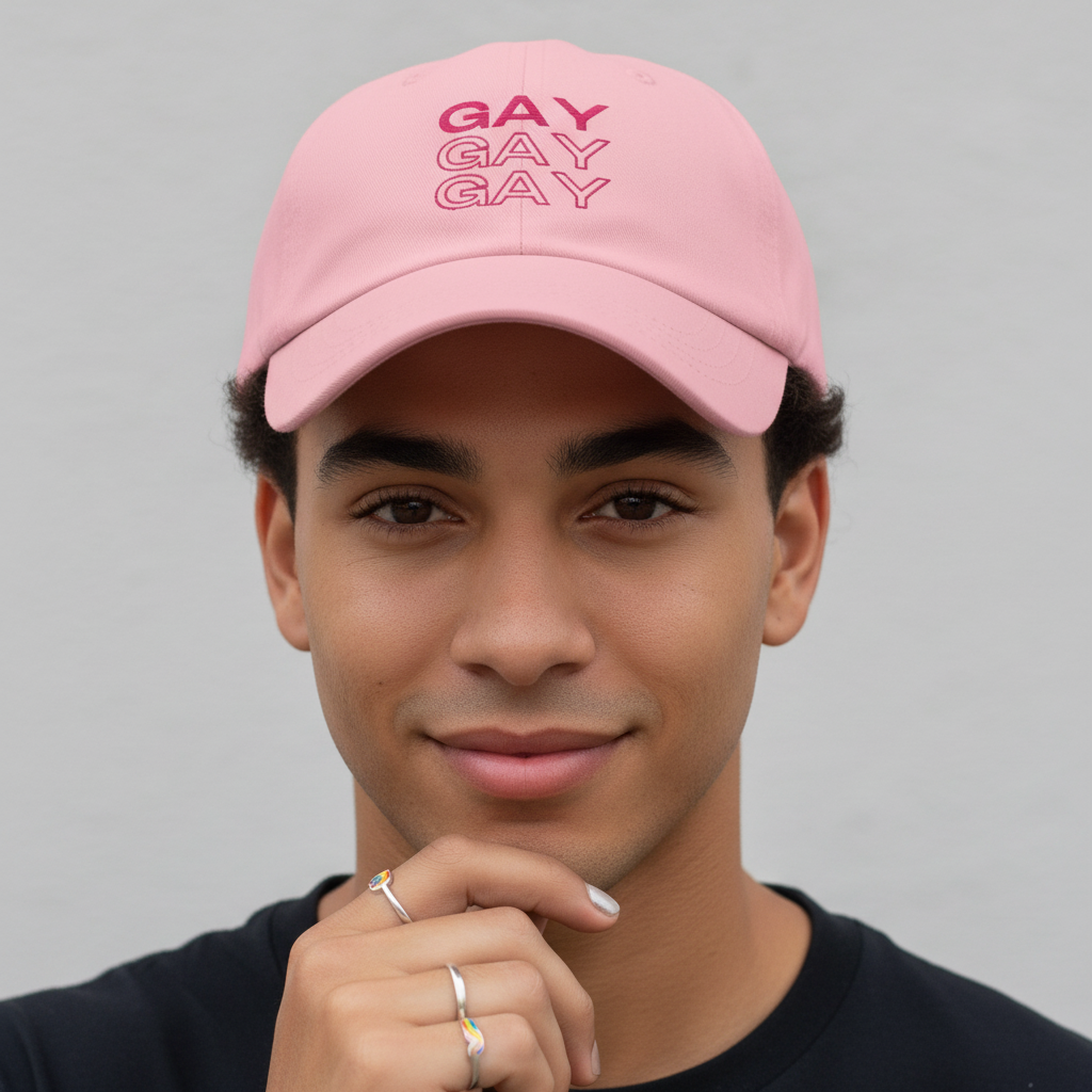 Front-facing model wearing a pink cap with “GAY” printed three times