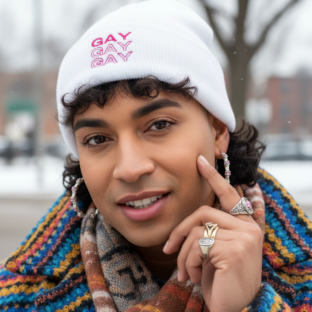 Close-up of a person wearing a white cuffed beanie reading “GAY GAY GAY”