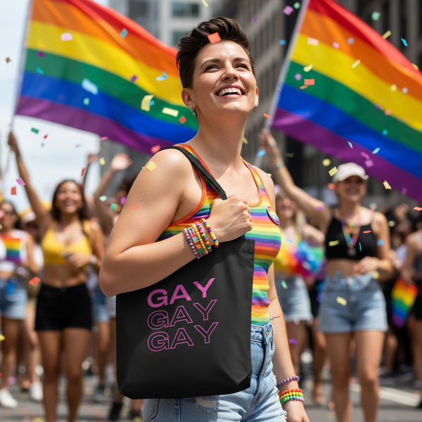 Black tote reading “GAY GAY GAY,” held at a colorful Pride parade