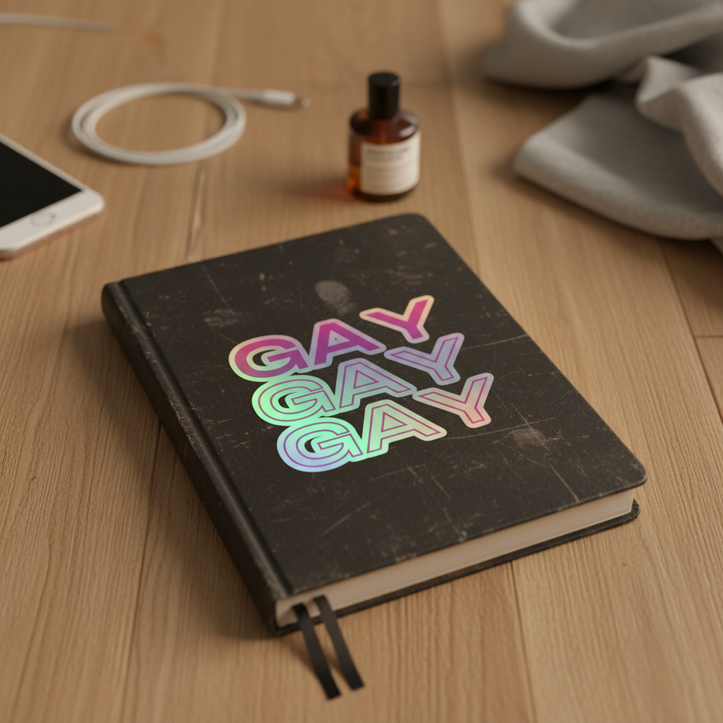 Black notebook with “Gay Gay Gay” holographic stickers, two black ribbon bookmarks, on wood floor beside cable, phone