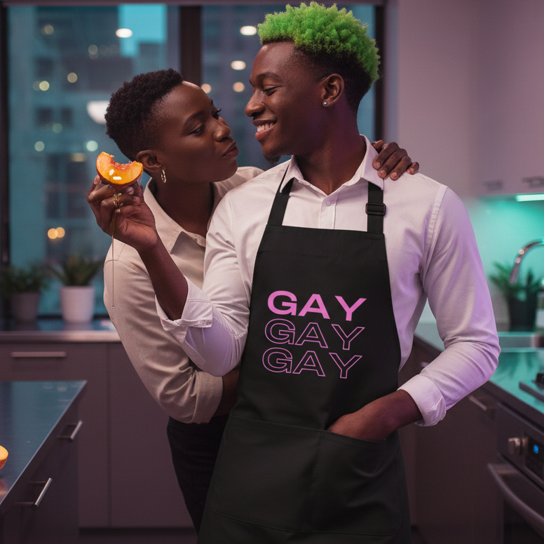 Black apron reading “GAY GAY GAY” worn by a smiling person in a kitchen