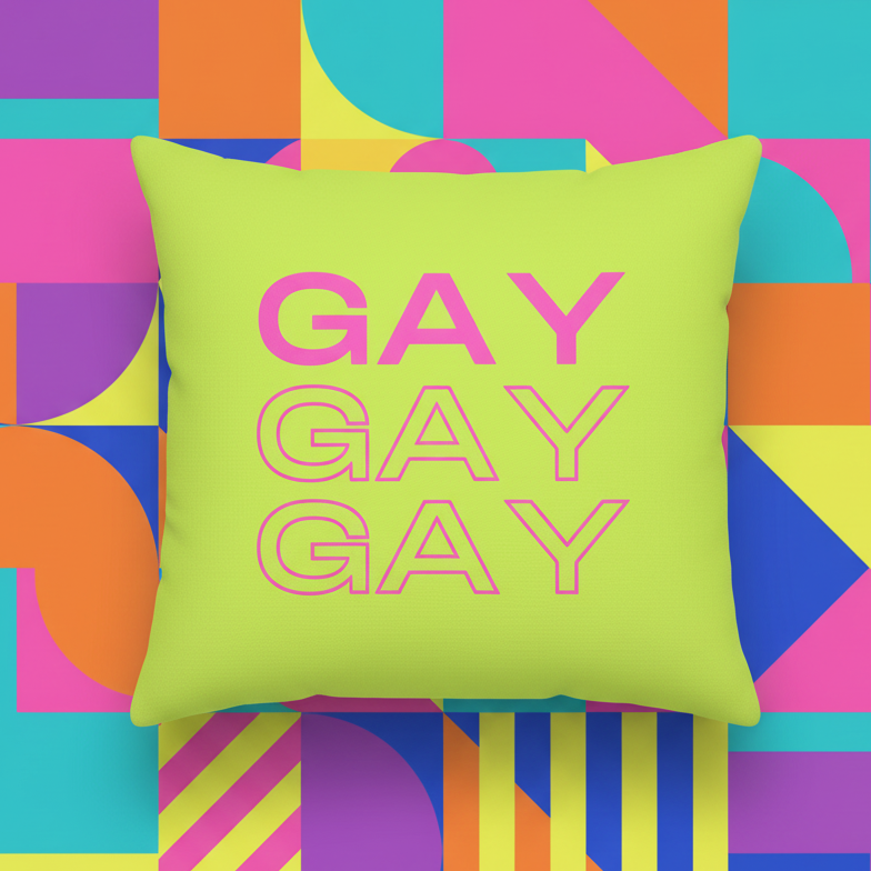 Premium cushion with bold pink "GAY" text on lime green and a vibrant geometric background, expressing playful queer pride.