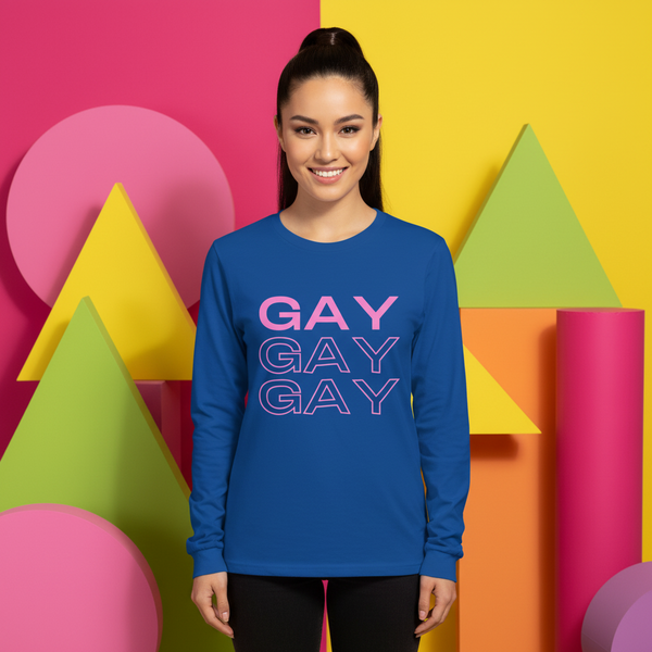 Model wearing a blue long-sleeve shirt with three pink outlined “GAY” words