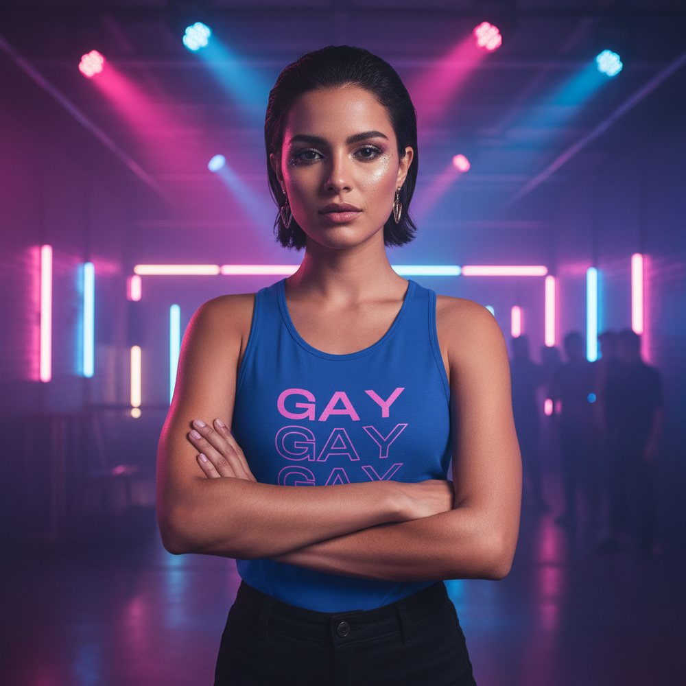 Model wearing a blue tank top with three pink “GAY” lines in a neon-lit club