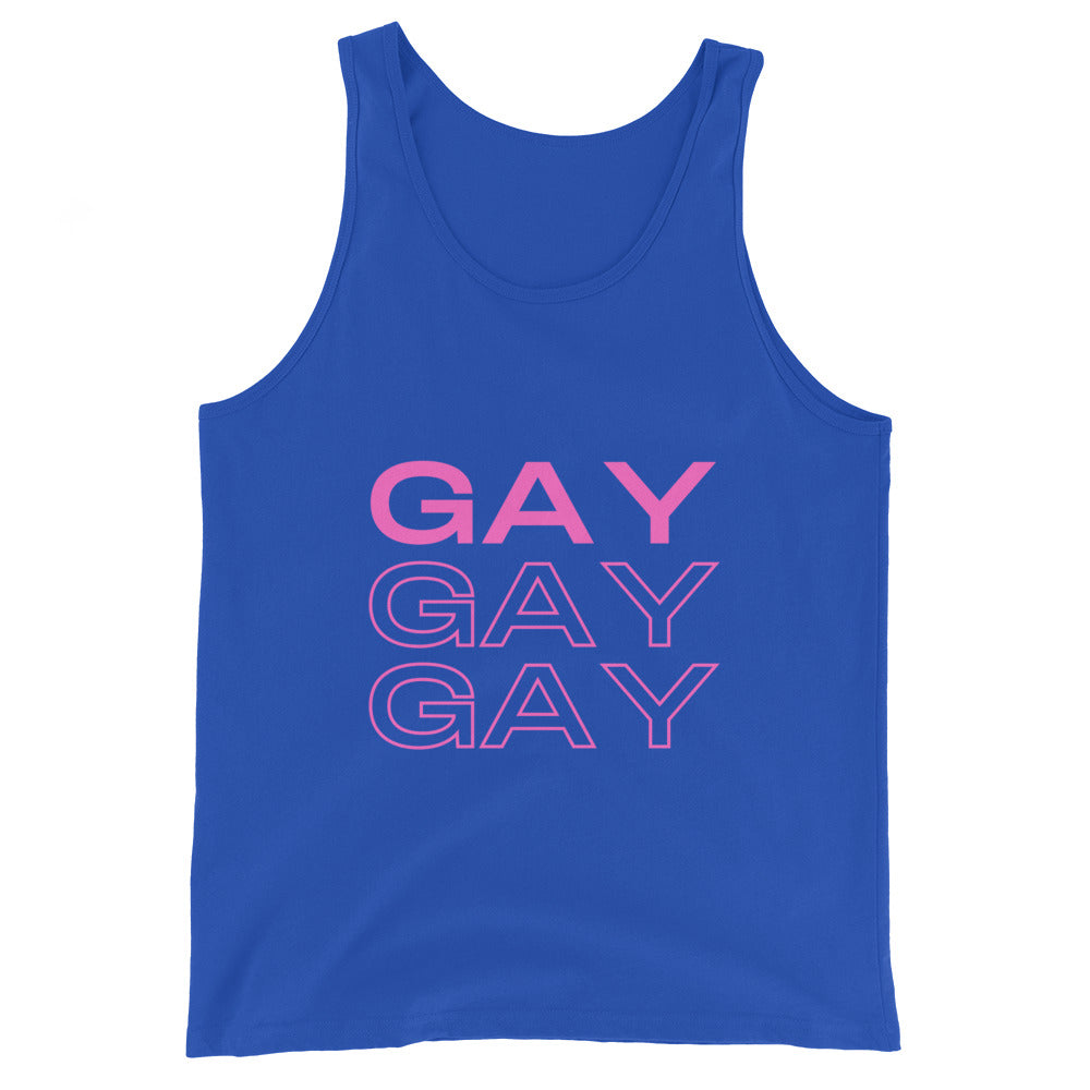 Front-facing royal blue tank top with three pink “GAY” words, one filled and two outlined