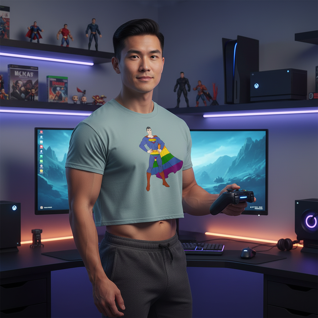 Person wears a gray cropped T-shirt with a rainbow-caped superhero graphic in a gaming room