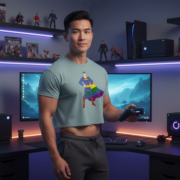 Person wears a gray cropped T-shirt with a rainbow-caped superhero graphic in a gaming room