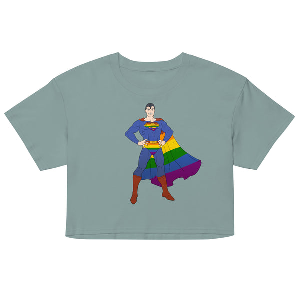 Front view of a sage green T-shirt with a cartoon superhero in a rainbow cape