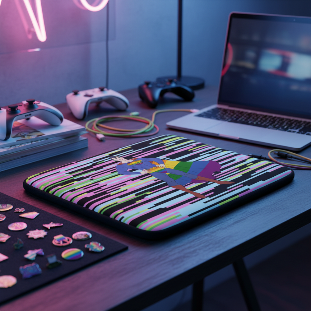 Gay Geek Laptop Sleeve with rainbow geometric unicorn pride design on a desk, game controllers, pins