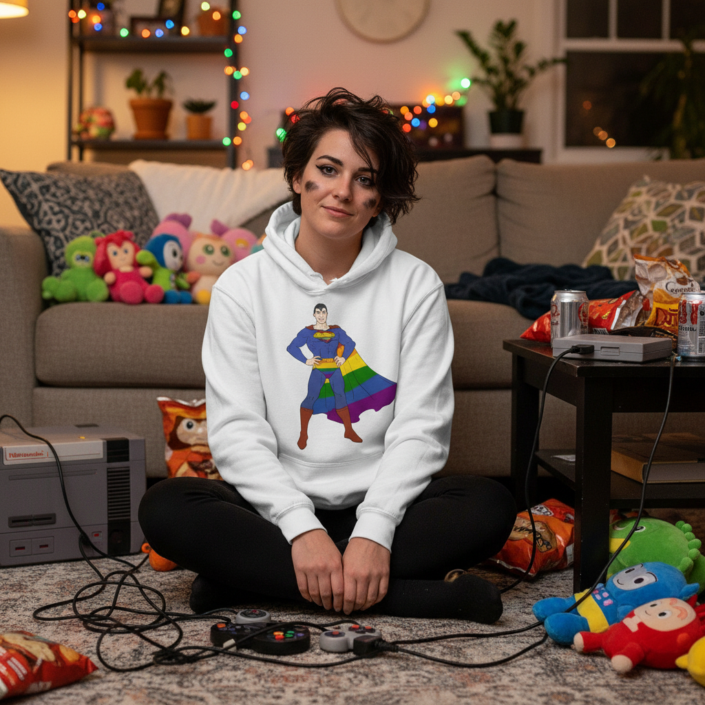Person seated cross-legged wearing a white hoodie with a superhero in a rainbow cape