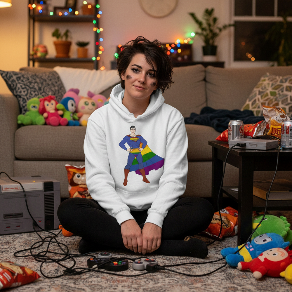 Person seated cross-legged wearing a white hoodie with a superhero in a rainbow cape