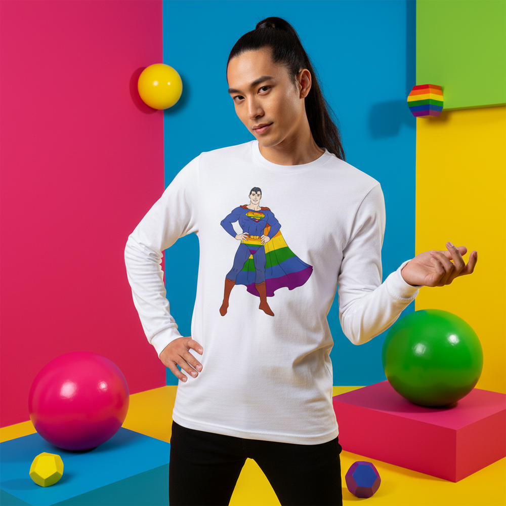 Model wearing a white long-sleeve shirt with a rainbow-caped superhero graphic