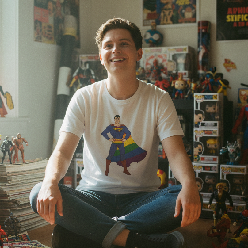 Gay Geek Unisex cotton T-shirt with cartoon Superman rocking a rainbow cape; person smiles, cross-legged in a nerdy room