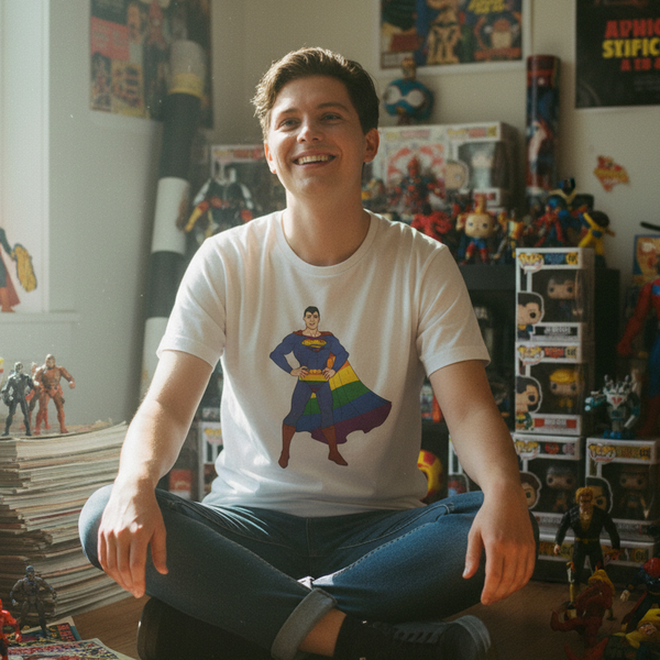 Gay Geek Unisex cotton T-shirt with cartoon Superman rocking a rainbow cape; person smiles, cross-legged in a nerdy room