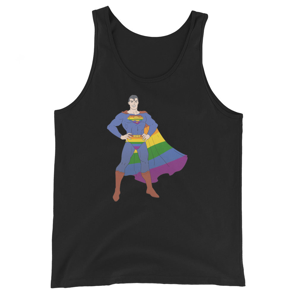 Black tank top featuring a superhero in a rainbow-striped cape