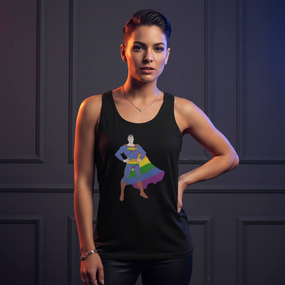 Gay Geek Unisex Tank Top in black with a queer superhero graphic: rainbow cape and boots