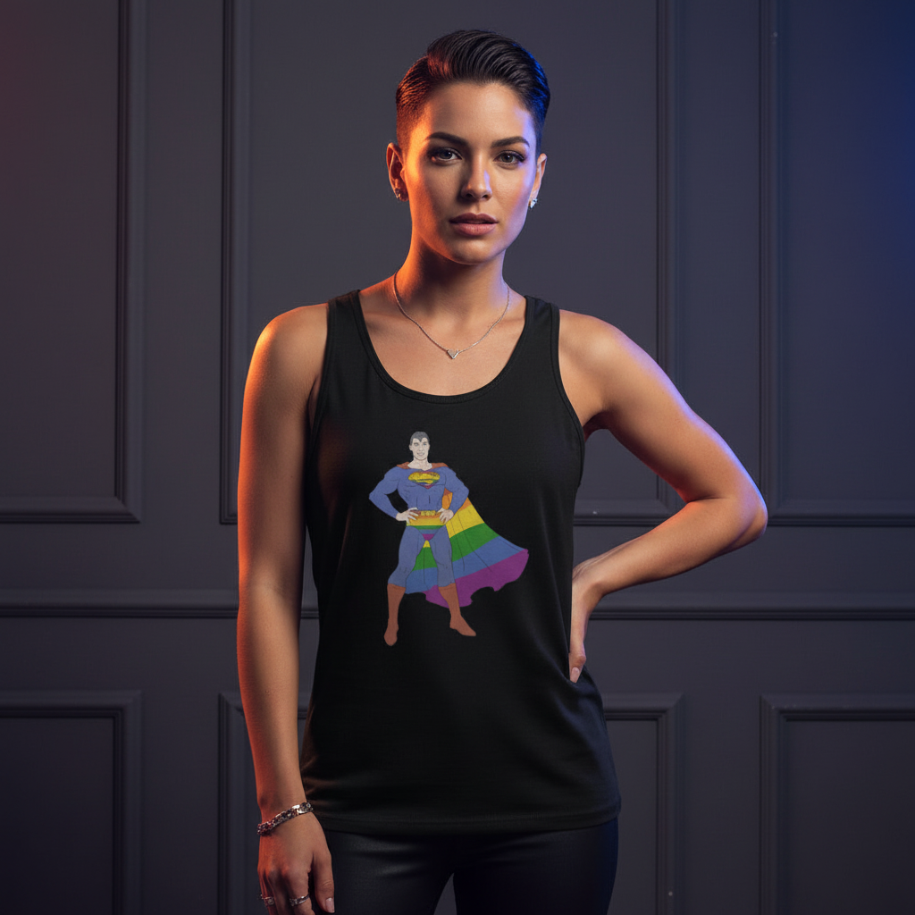 Gay Geek Unisex Tank Top in black with a queer superhero graphic: rainbow cape and boots