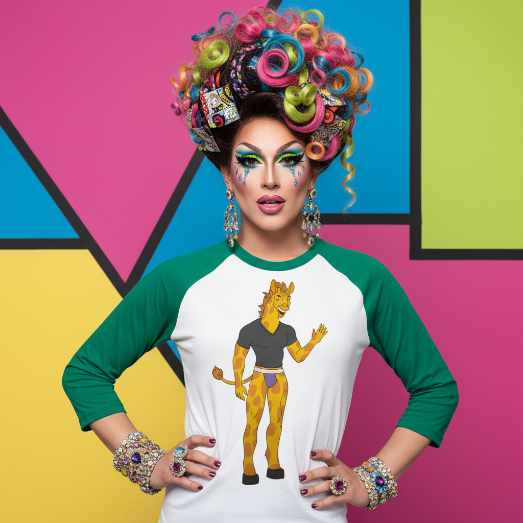 Model wearing white-and-green raglan shirt with spotted cartoon animal graphic, full-body view