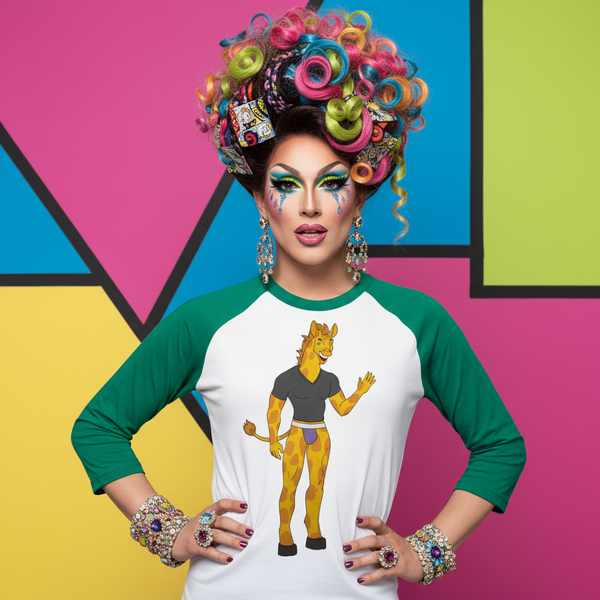 Model wearing white-and-green raglan shirt with spotted cartoon animal graphic, full-body view
