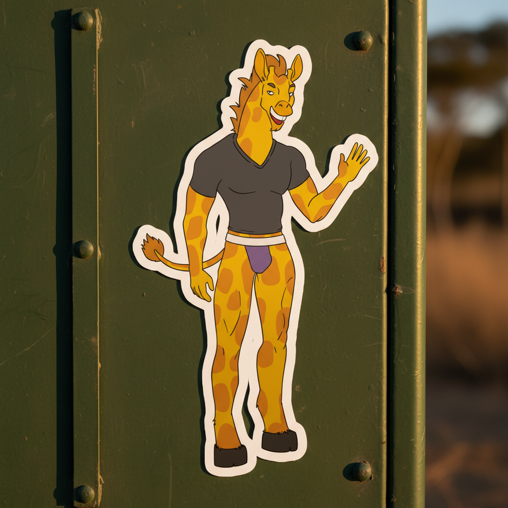 Bubble-free sticker of an anthropomorphic giraffe in a black tee, purple briefs, and black shoes