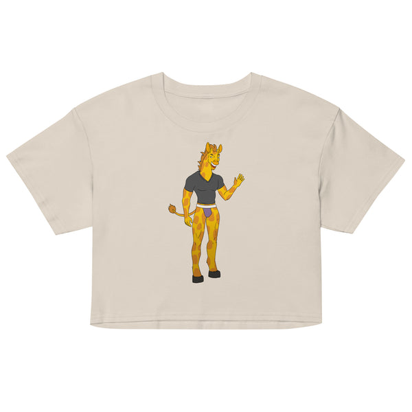 Front view of a cream crop top featuring a cartoon giraffe wearing a dark shirt and purple briefs
