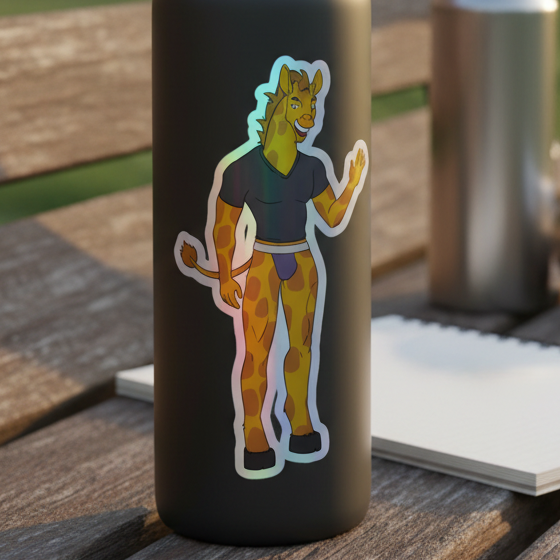 Matte black water bottle with a holographic "Gay Giraffe" sticker—waving giraffe in black tee and shorts