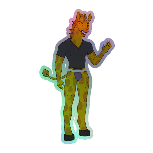 Full-body anthropomorphic giraffe sticker waving in a black shirt and briefs