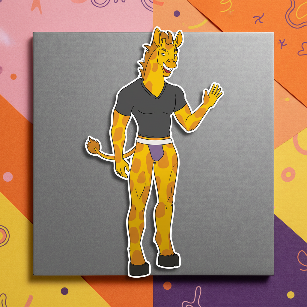 Queer home décor vinyl magnet with a cartoon muscular giraffe in a black tee and purple briefs