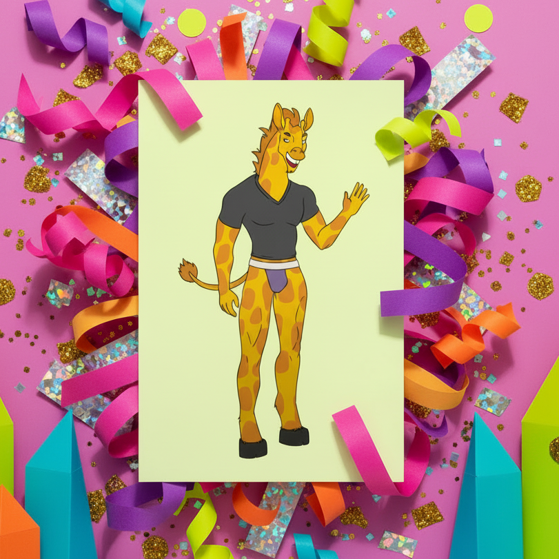 Queer postcard with a giraffe in black T-shirt and shorts on yellow, confetti, ribbons, for Pride