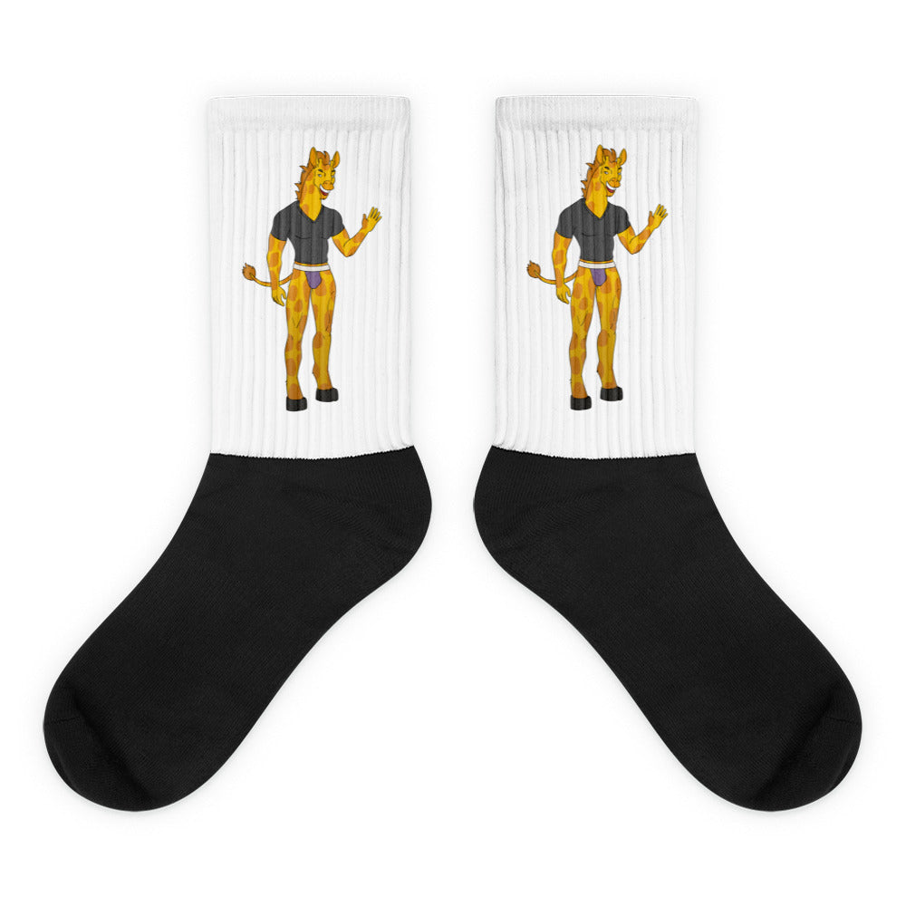 Pair of white-ribbed socks with cartoon giraffes and black feet
