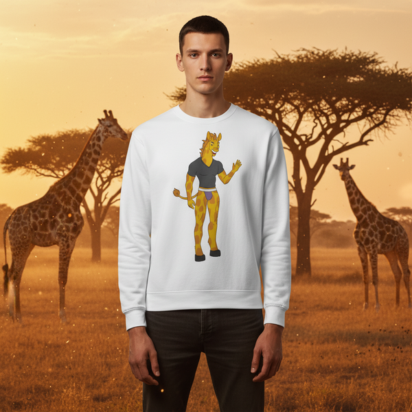 White Gay Giraffe Unisex Sweatshirt with a cartoon giraffe in a black tee and purple shorts, waving, worn at sunset savanna.