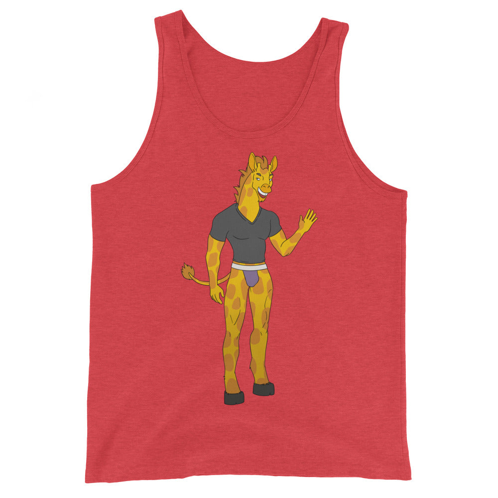Unisex tank top in bright red, with a cartoon giraffe—smiling, human-bodied, rocking spots, gray v-neck, and purple undies.
