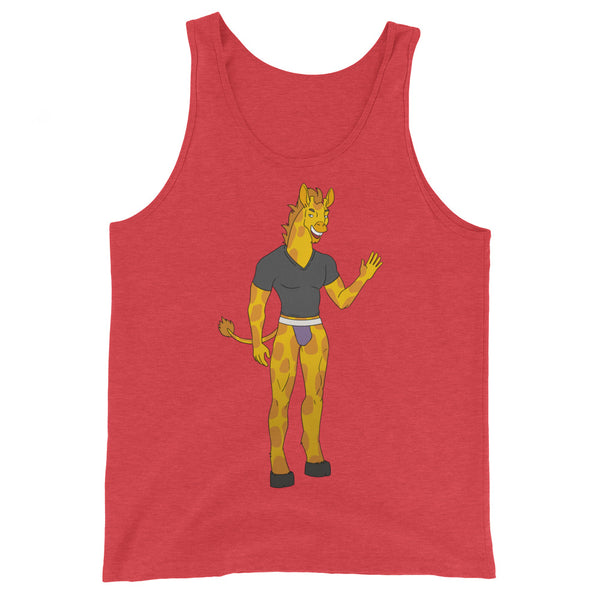 Unisex tank top in bright red, with a cartoon giraffe—smiling, human-bodied, rocking spots, gray v-neck, and purple undies.