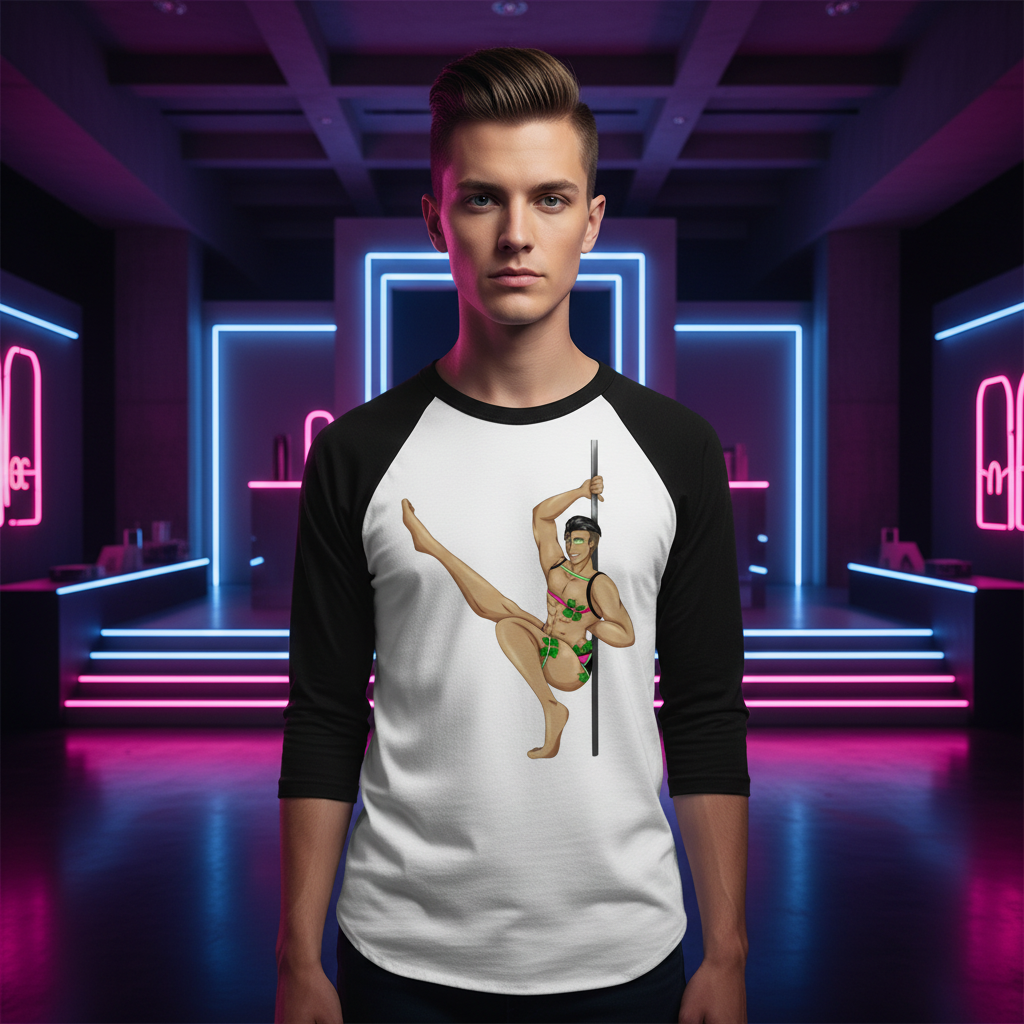 Gay Gogo Dancer 3/4 Sleeve Raglan Shirt, white with black sleeves, shows a buff pole dancer in bold tropical swimwear