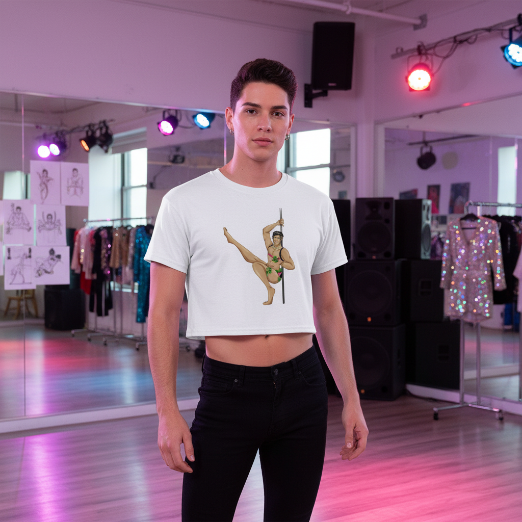 Gay Gogo Dancer Crop Top with bold dancer graphic, worn by a confident person in a studio with mirrors, lights, and sketches