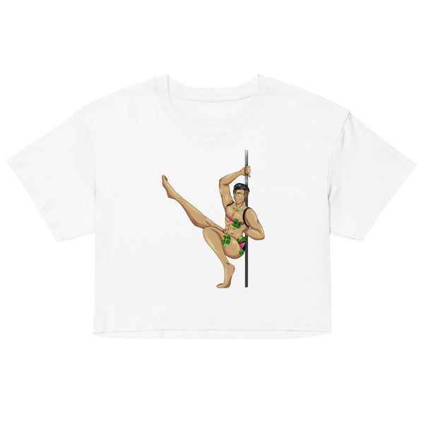 Gay Gogo Dancer Crop Top with bold dancer graphic, worn by a confident queer person in a studio with mirrors, lights, and sketches.