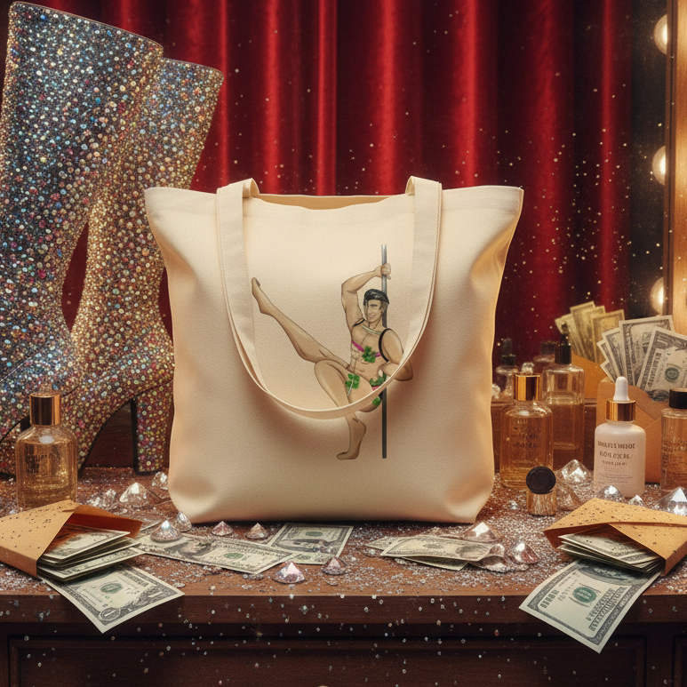 Beige organic cotton eco tote bag with a queer pole dancer print, on a vanity with cash, diamonds, glitter boots, perfume