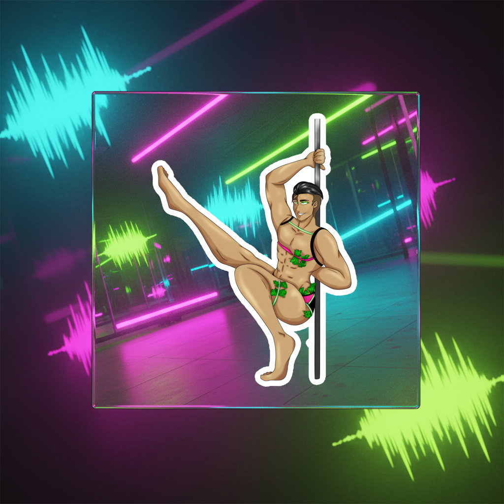 Cartoon gay gogo dancer magnet shows a person pole dancing in minimal wear with green ribbons, lit by neon pink, blue