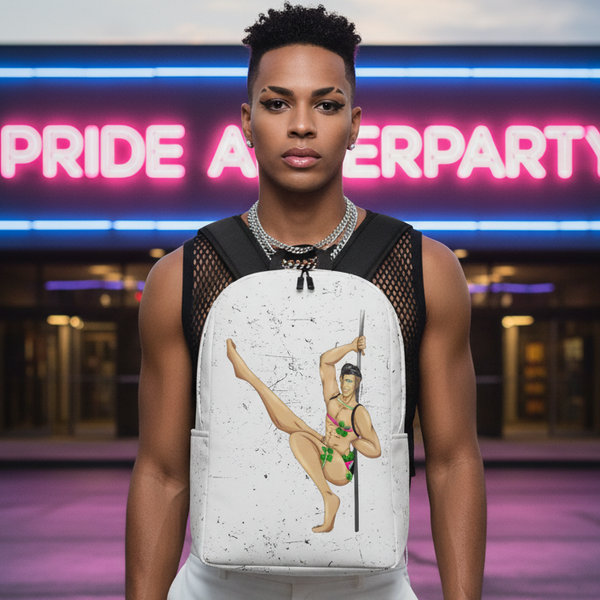 Gay Gogo Dancer Minimalist Backpack with a colorful pole dancer is carried by a bold queer in black mesh