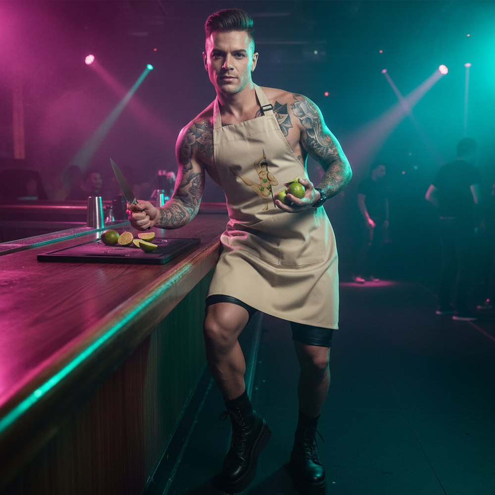 Tattooed person wearing a beige illustrated apron cuts limes at a neon-lit bar