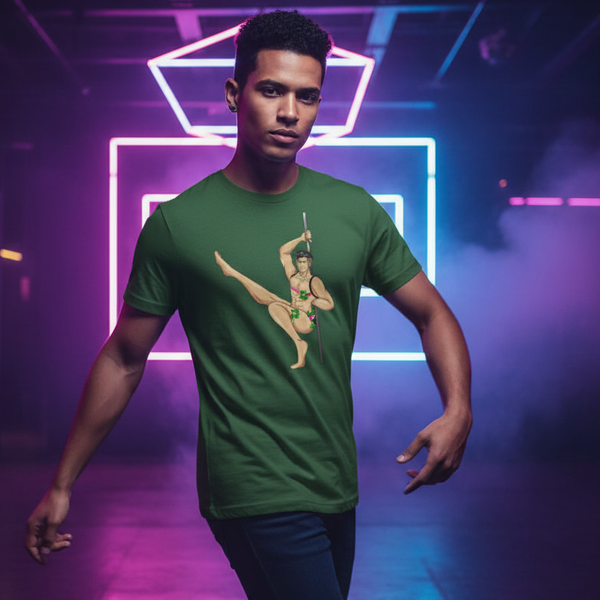 Gay Gogo Dancer T-Shirt on a person with short curly hair under neon pink and blue lights