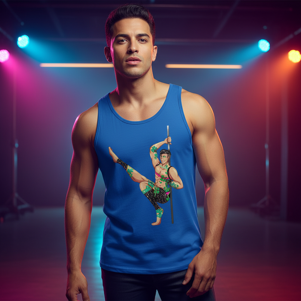 Gay Gogo Dancer Unisex Tank Top with a martial artist graphic, worn by a fit person in bold pink, orange