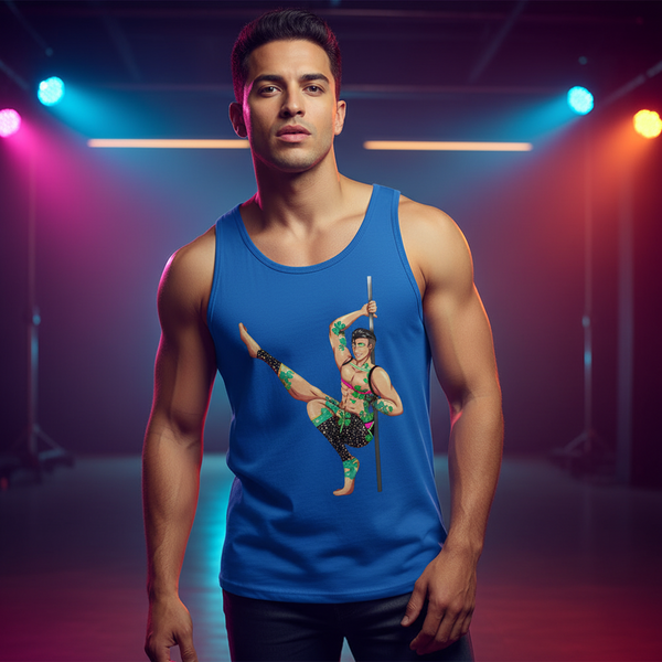 Gay Gogo Dancer Unisex Tank Top with a martial artist graphic, worn by a fit person in bold pink, orange